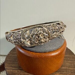 Ornate Filigree Marcasite Rose, Flower Hinged Bracelet - 925, Sterling Silver
